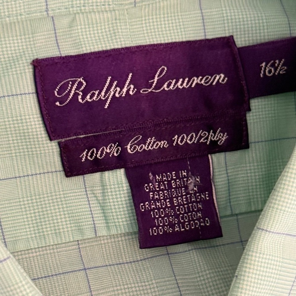 Ralph Lauren Purple Label Mens Mint Green Windowpane Cotton Dress Shirt 16.5 L - Picture 5 of 10